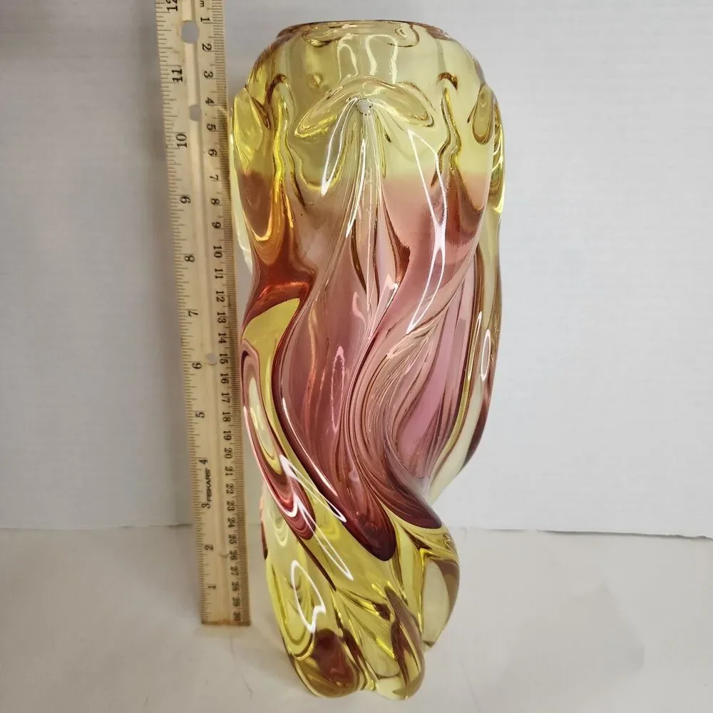 Vintage Hand Made Bohemia Glass Czech Republic Twisted Glass Vase Amber/Pink